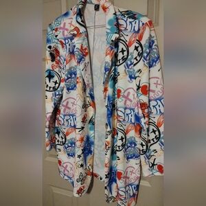 White Multi-Color Graffiti Print Women's Soft Blazer Shein Size 3x (18-20) NWOT